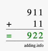Calculate 911 + 11 using long addition