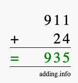 Calculate 911 + 24 using long addition