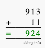 Calculate 913 + 11 using long addition
