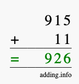 Calculate 915 + 11 using long addition