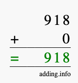 Calculate 918 + 0 using long addition