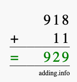 Calculate 918 + 11 using long addition