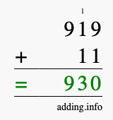 Calculate 919 + 11 using long addition
