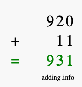 Calculate 920 + 11 using long addition