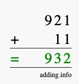 Calculate 921 + 11 using long addition