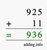 Calculate 925 + 11 using long addition