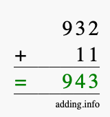 Calculate 932 + 11 using long addition
