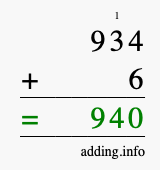 Calculate 934 + 6 using long addition