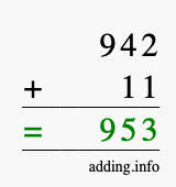 Calculate 942 + 11 using long addition