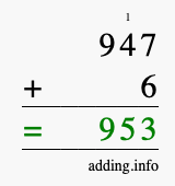 Calculate 947 + 6 using long addition