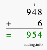 Calculate 948 + 6 using long addition