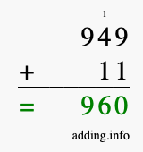 Calculate 949 + 11 using long addition