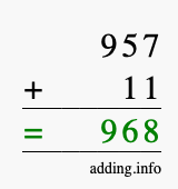 Calculate 957 + 11 using long addition