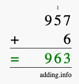 Calculate 957 + 6 using long addition