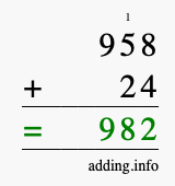 Calculate 958 + 24 using long addition