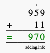 Calculate 959 + 11 using long addition
