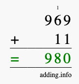 Calculate 969 + 11 using long addition