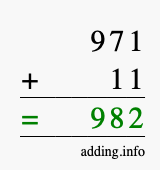 Calculate 971 + 11 using long addition
