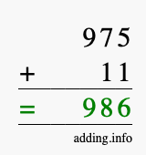 Calculate 975 + 11 using long addition