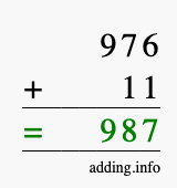 Calculate 976 + 11 using long addition
