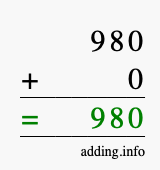 Calculate 980 + 0 using long addition