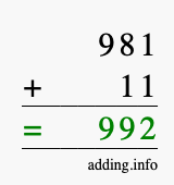 Calculate 981 + 11 using long addition