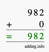 Calculate 982 + 0 using long addition