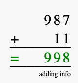 Calculate 987 + 11 using long addition