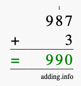 Calculate 987 + 3 using long addition