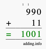 Calculate 990 + 11 using long addition