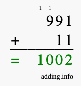 Calculate 991 + 11 using long addition
