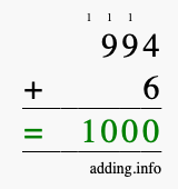 Calculate 994 + 6 using long addition