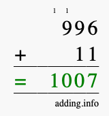Calculate 996 + 11 using long addition