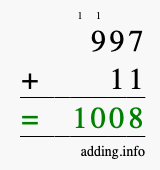 Calculate 997 + 11 using long addition