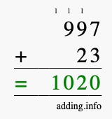 Calculate 997 + 23 using long addition