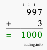 Calculate 997 + 3 using long addition