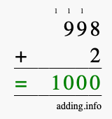 Calculate 998 + 2 using long addition