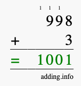 Calculate 998 + 3 using long addition