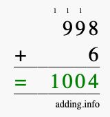 Calculate 998 + 6 using long addition