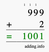 Calculate 999 + 2 using long addition