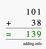 Calculate 101 + 38 using long addition