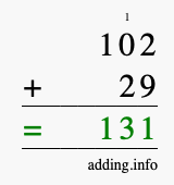 Calculate 102 + 29 using long addition