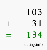 Calculate 103 + 31 using long addition