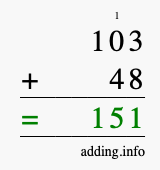 Calculate 103 + 48 using long addition