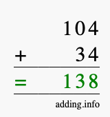 Calculate 104 plus 34 using long addition Calculate 104 + 34 using long addition