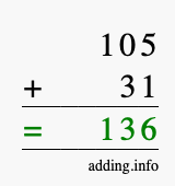 Calculate 105 + 31 using long addition