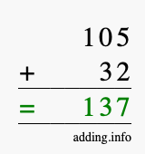 Calculate 105 + 32 using long addition