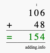 Calculate 106 + 48 using long addition