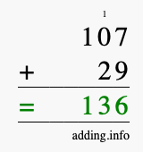 Calculate 107 + 29 using long addition