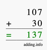 Calculate 107 + 30 using long addition